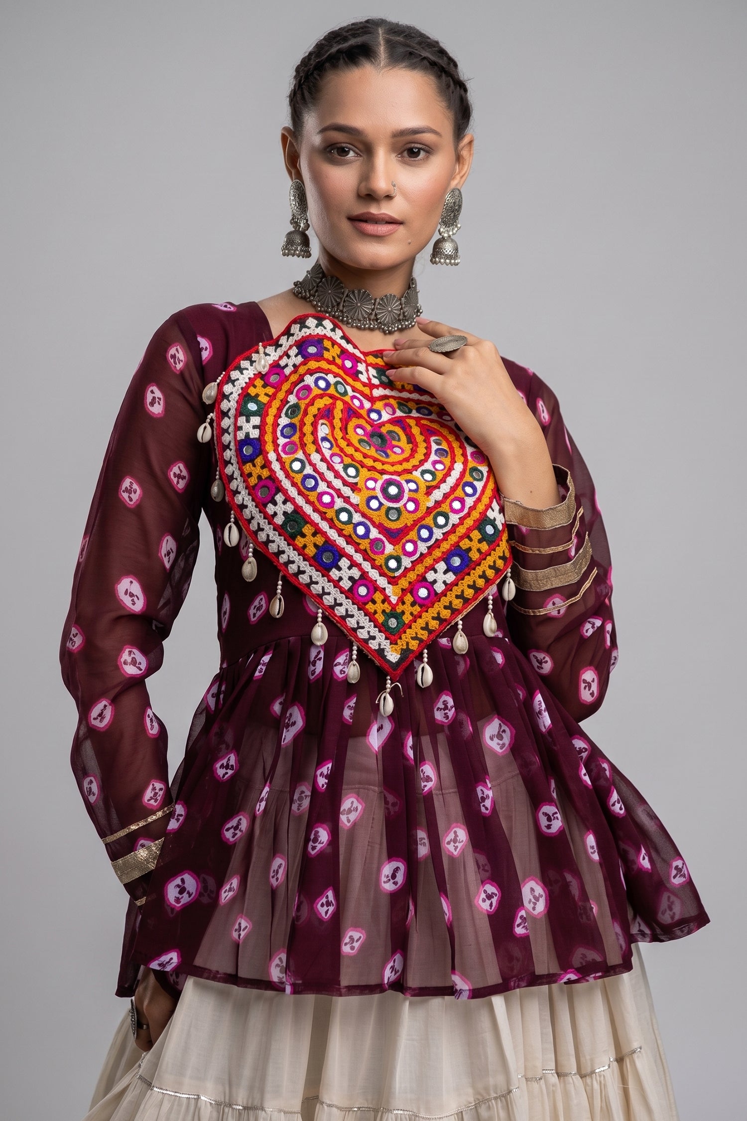 Pearl White Cotton Flared Peplum Chaniya Choli with Kachchi Work