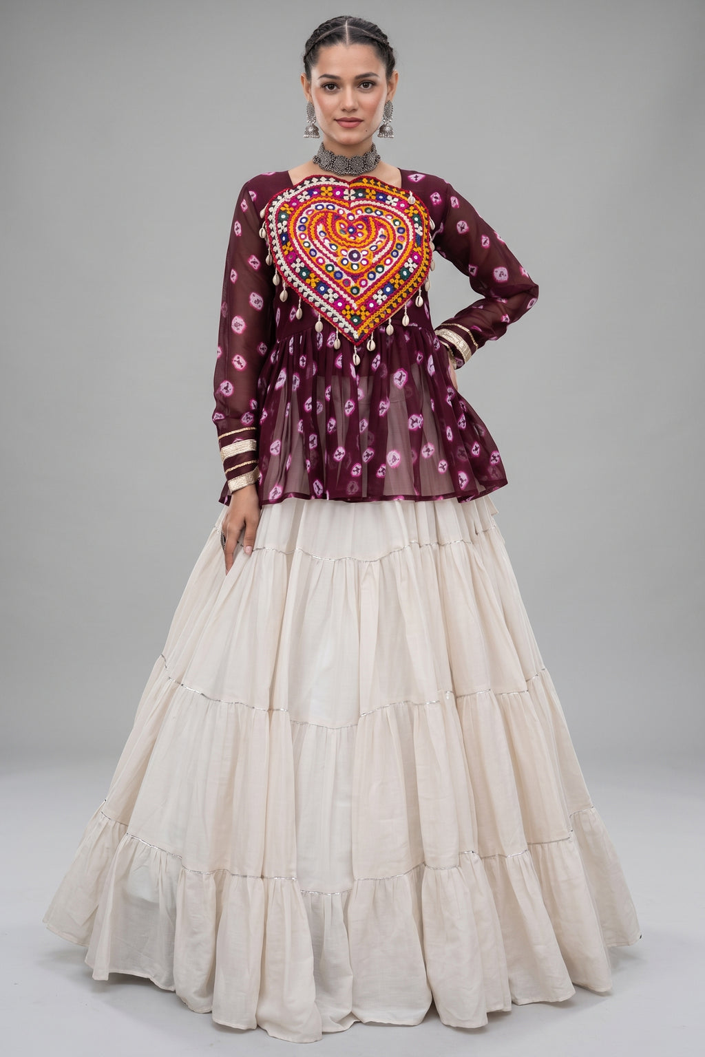 Pearl White Cotton Flared Peplum Chaniya Choli with Kachchi Work