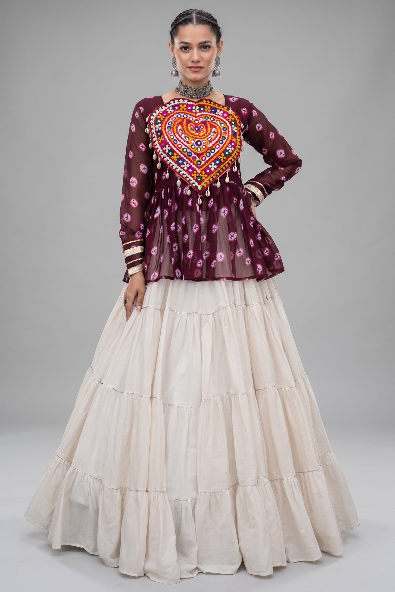 Pearl White Cotton Flared Peplum Chaniya Choli with Kachchi Work
