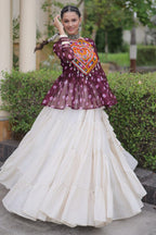 Pearl White Cotton Flared Peplum Chaniya Choli with Kachchi Work