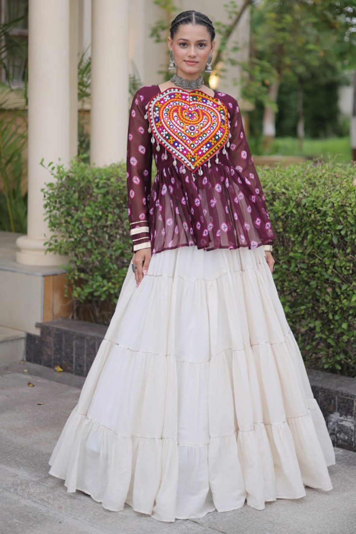 Pearl White Cotton Flared Peplum Chaniya Choli with Kachchi Work