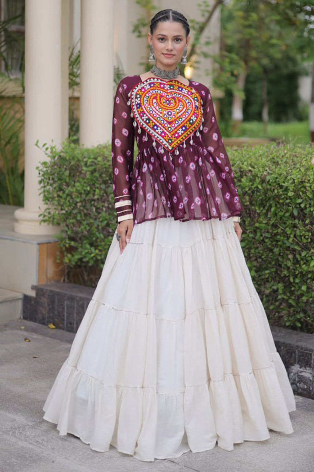 Pearl White Cotton Flared Peplum Chaniya Choli with Kachchi Work