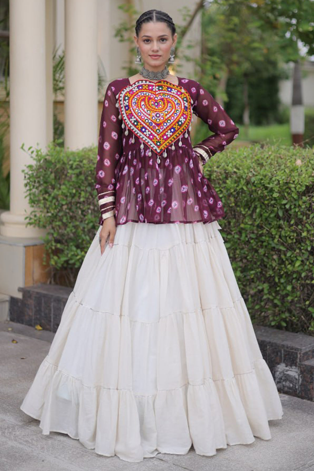 Pearl White Cotton Flared Peplum Chaniya Choli with Kachchi Work