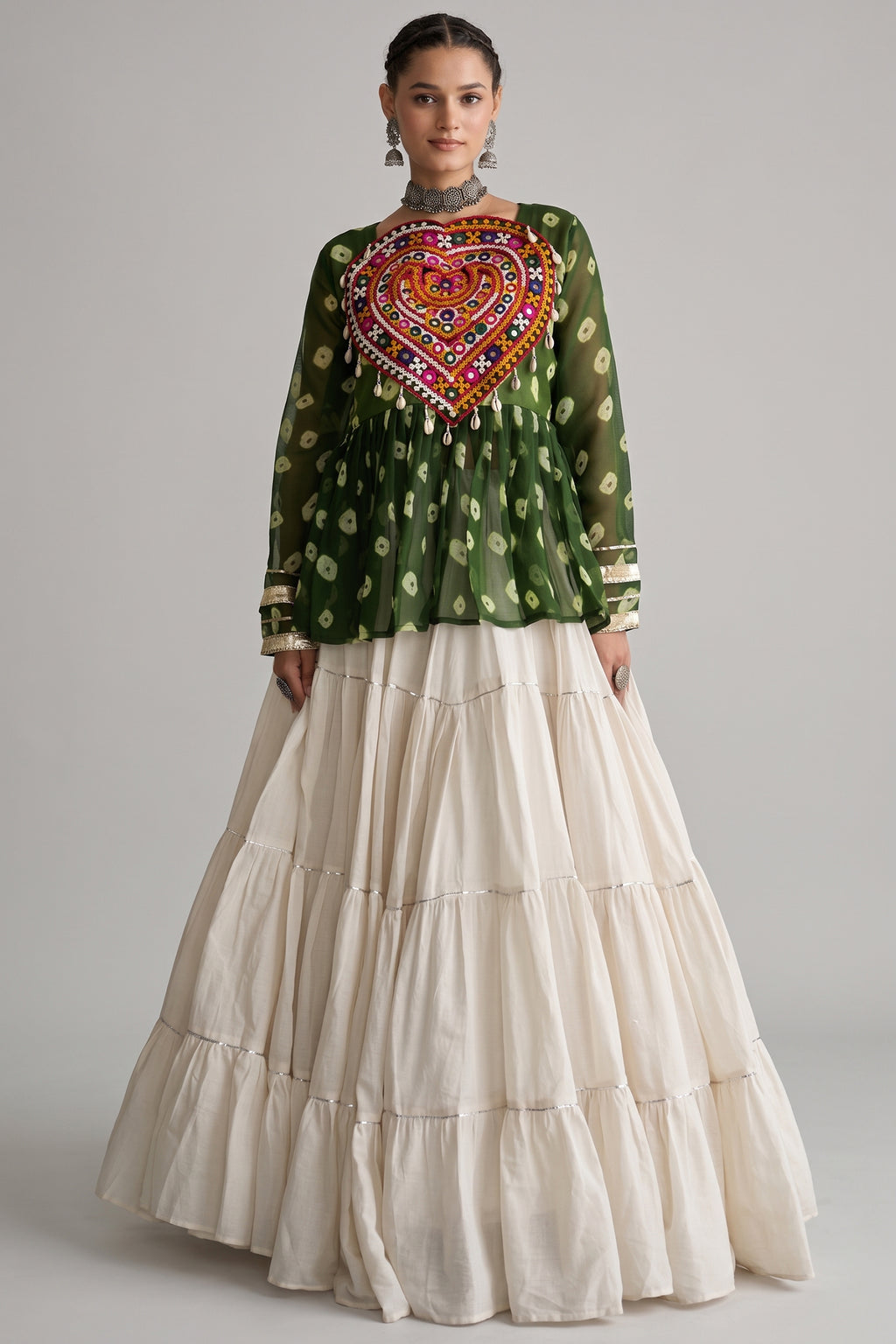 Pearl White Cotton Flared Peplum Chaniya Choli with Kachchi Work
