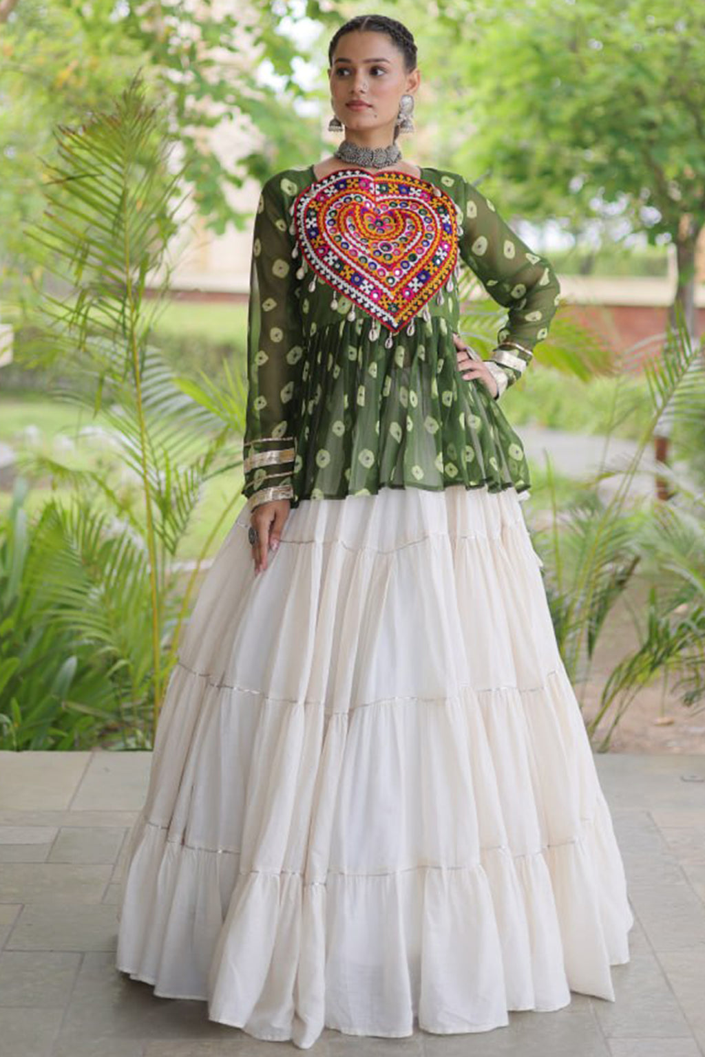 Pearl White Cotton Flared Peplum Chaniya Choli with Kachchi Work