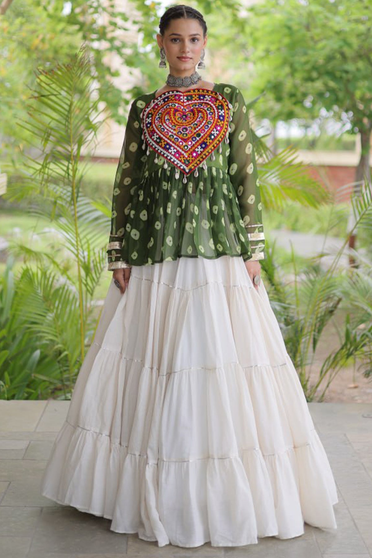 Pearl White Cotton Flared Peplum Chaniya Choli with Kachchi Work