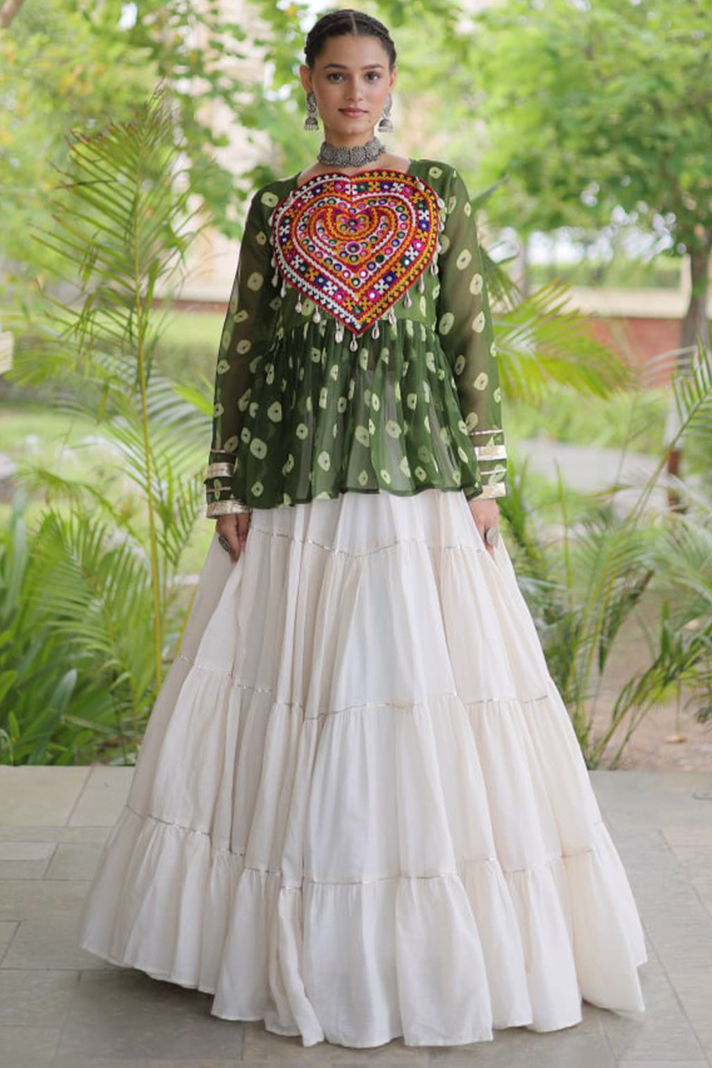 Pearl White Cotton Flared Peplum Chaniya Choli with Kachchi Work