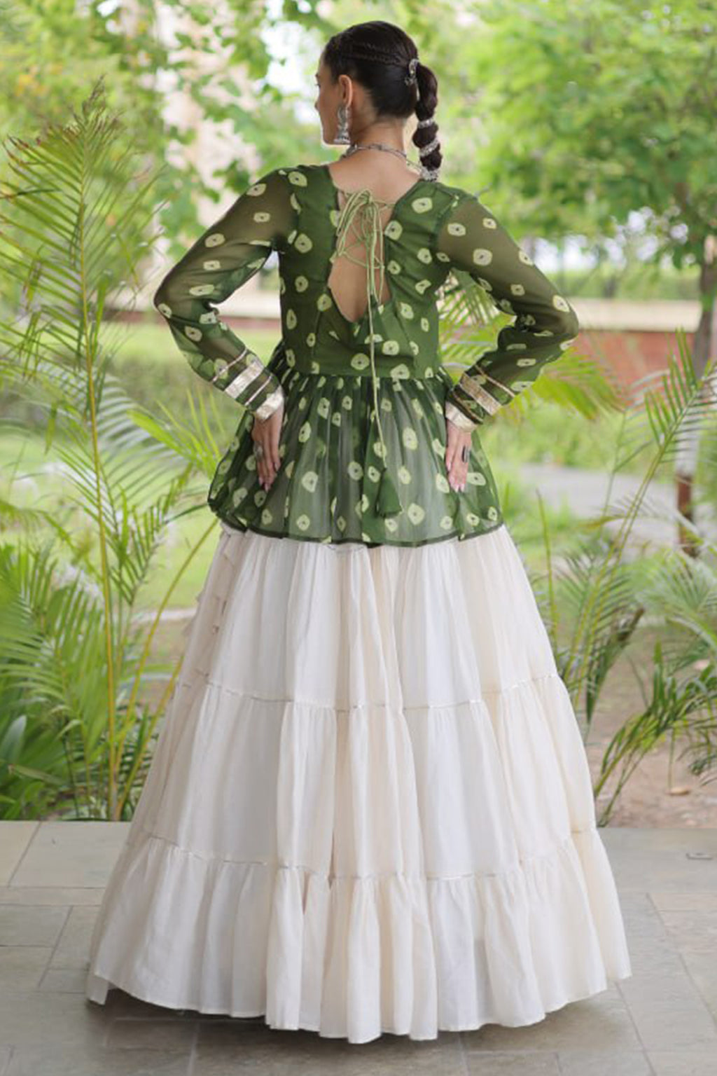 Pearl White Cotton Flared Peplum Chaniya Choli with Kachchi Work