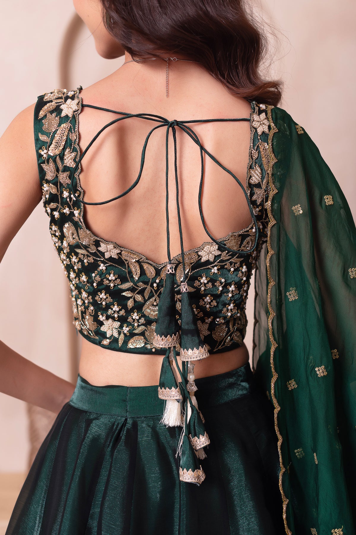 Emerald Green Organza Embroidered Lehenga Choli with Scalloped Dupatta