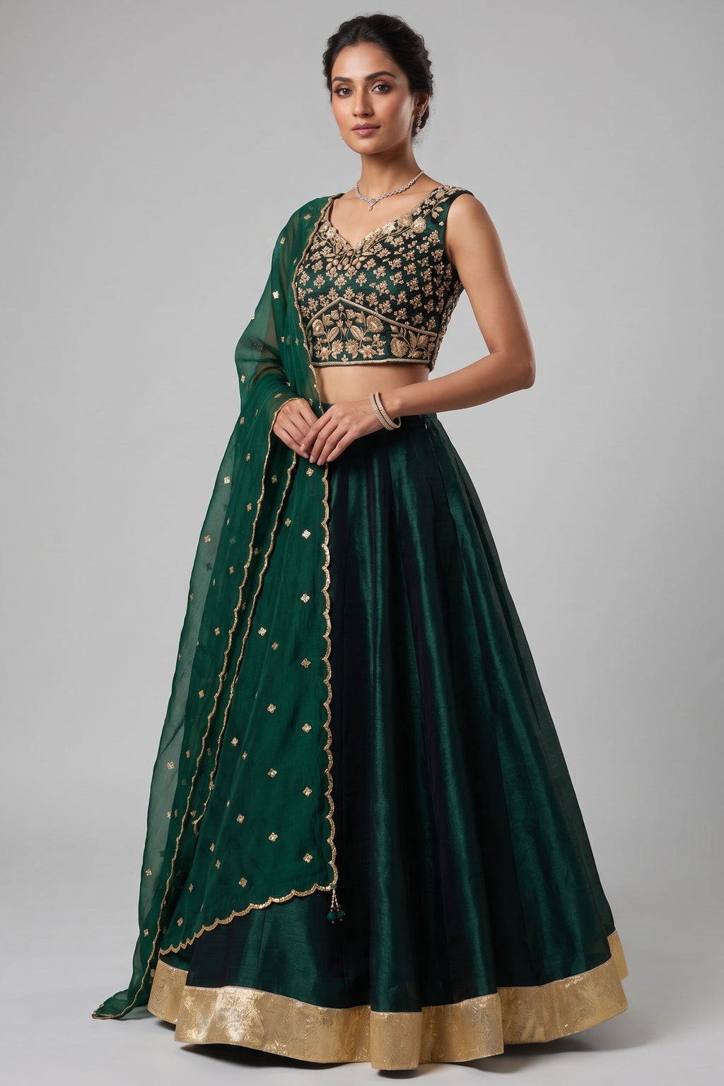Emerald Green Organza Embroidered Lehenga Choli with Scalloped Dupatta