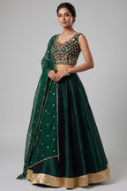 Emerald Green Organza Embroidered Lehenga Choli with Scalloped Dupatta