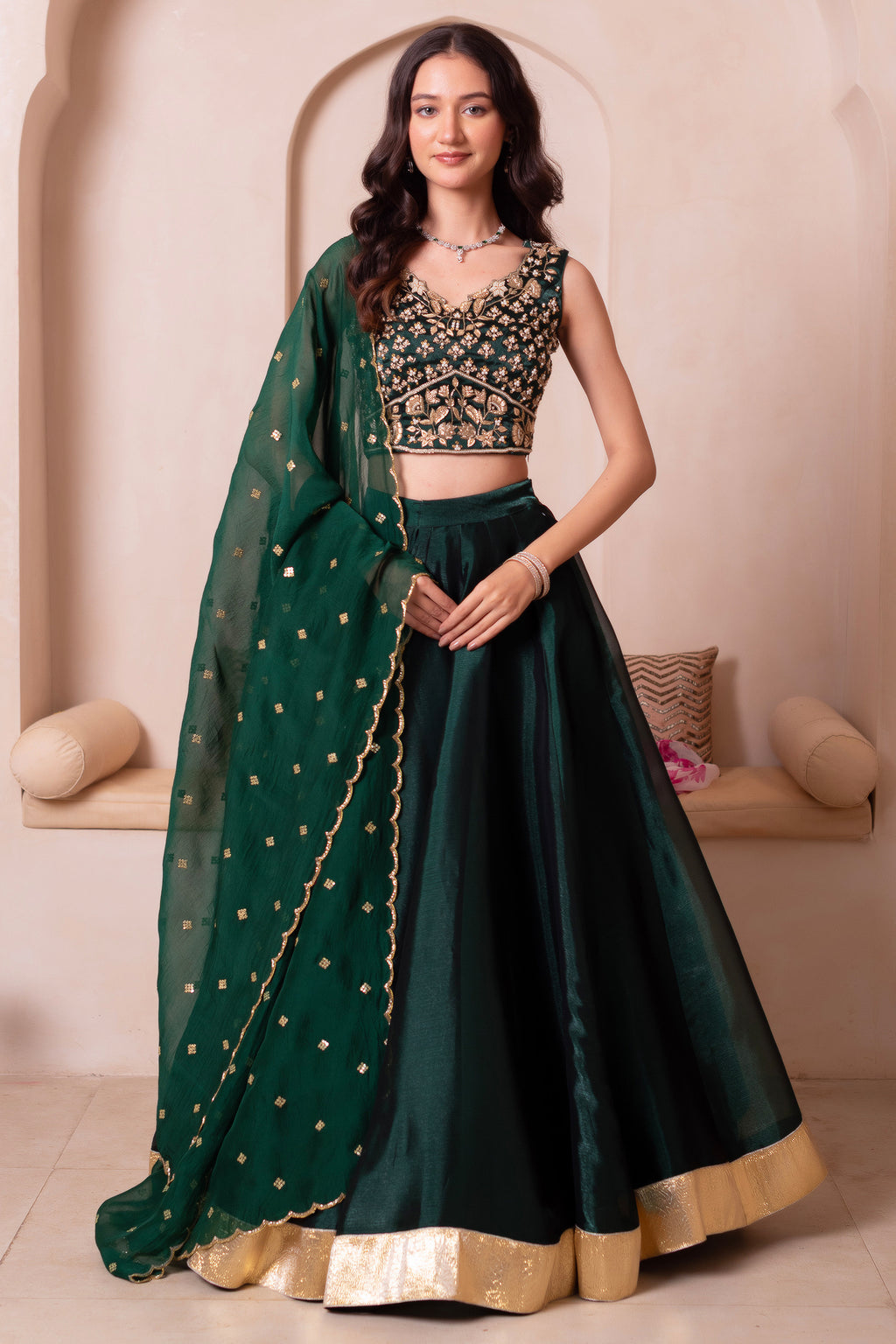 Emerald Green Organza Embroidered Lehenga Choli with Scalloped Dupatta