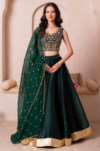 Emerald Green Organza Embroidered Lehenga Choli with Scalloped Dupatta