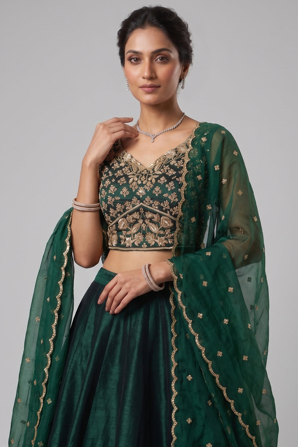 Emerald Green Organza Embroidered Lehenga Choli with Scalloped Dupatta