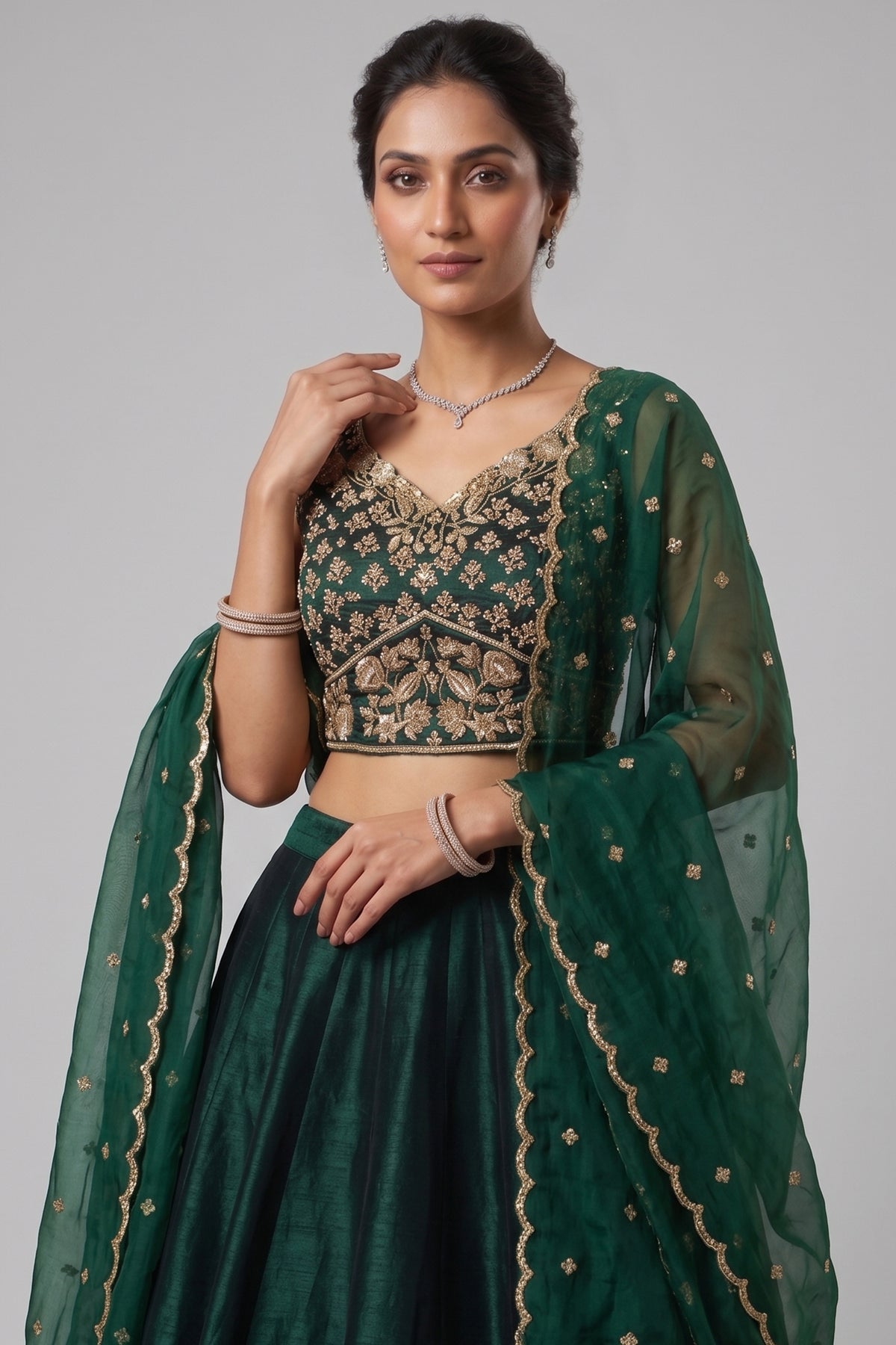 Emerald Green Organza Embroidered Lehenga Choli with Scalloped Dupatta
