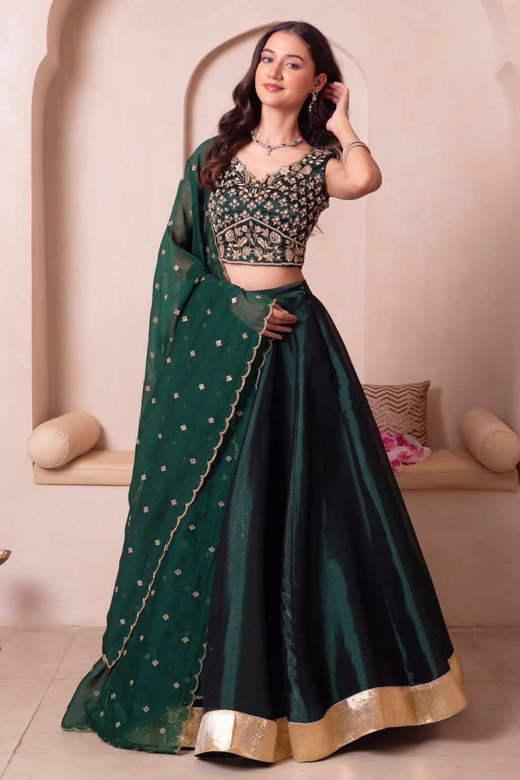 Emerald Green Organza Embroidered Lehenga Choli with Scalloped Dupatta