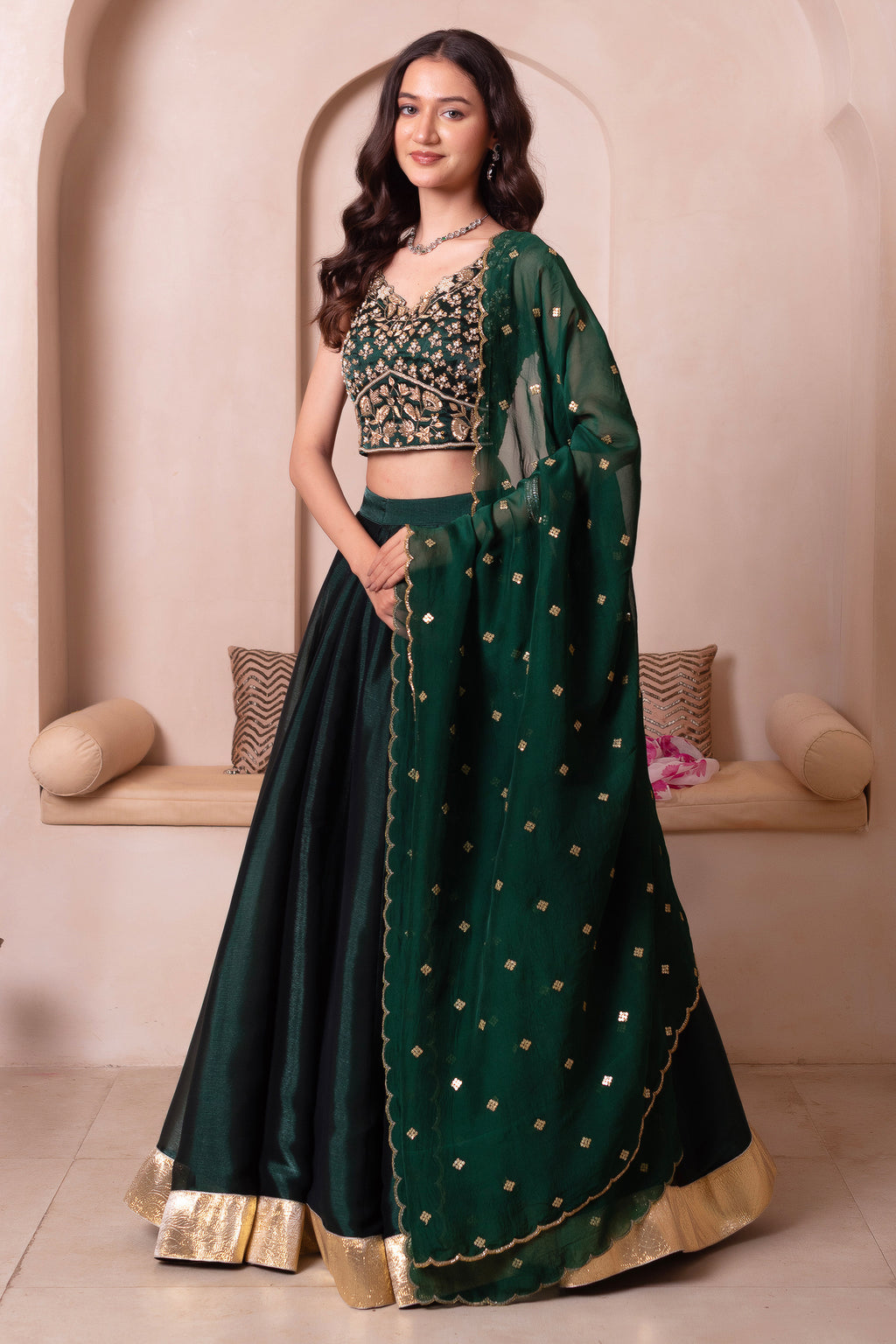 Emerald Green Organza Embroidered Lehenga Choli with Scalloped Dupatta