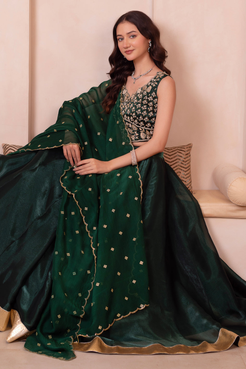 Emerald Green Organza Embroidered Lehenga Choli with Scalloped Dupatta