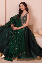 Emerald Green Organza Embroidered Lehenga Choli with Scalloped Dupatta
