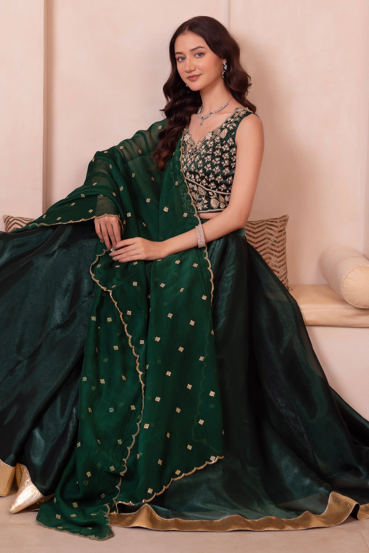 Emerald Green Organza Embroidered Lehenga Choli with Scalloped Dupatta