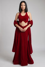 Maroon Velvet Halter Blouse & Draped Lehenga Set