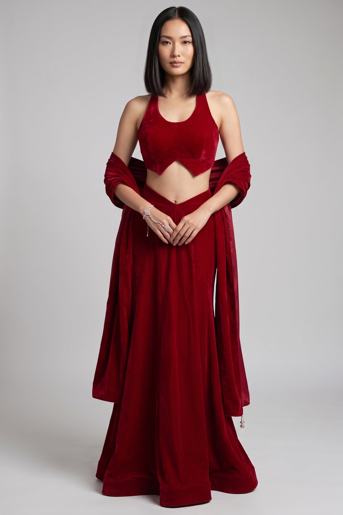 Maroon Velvet Halter Blouse & Draped Lehenga Set