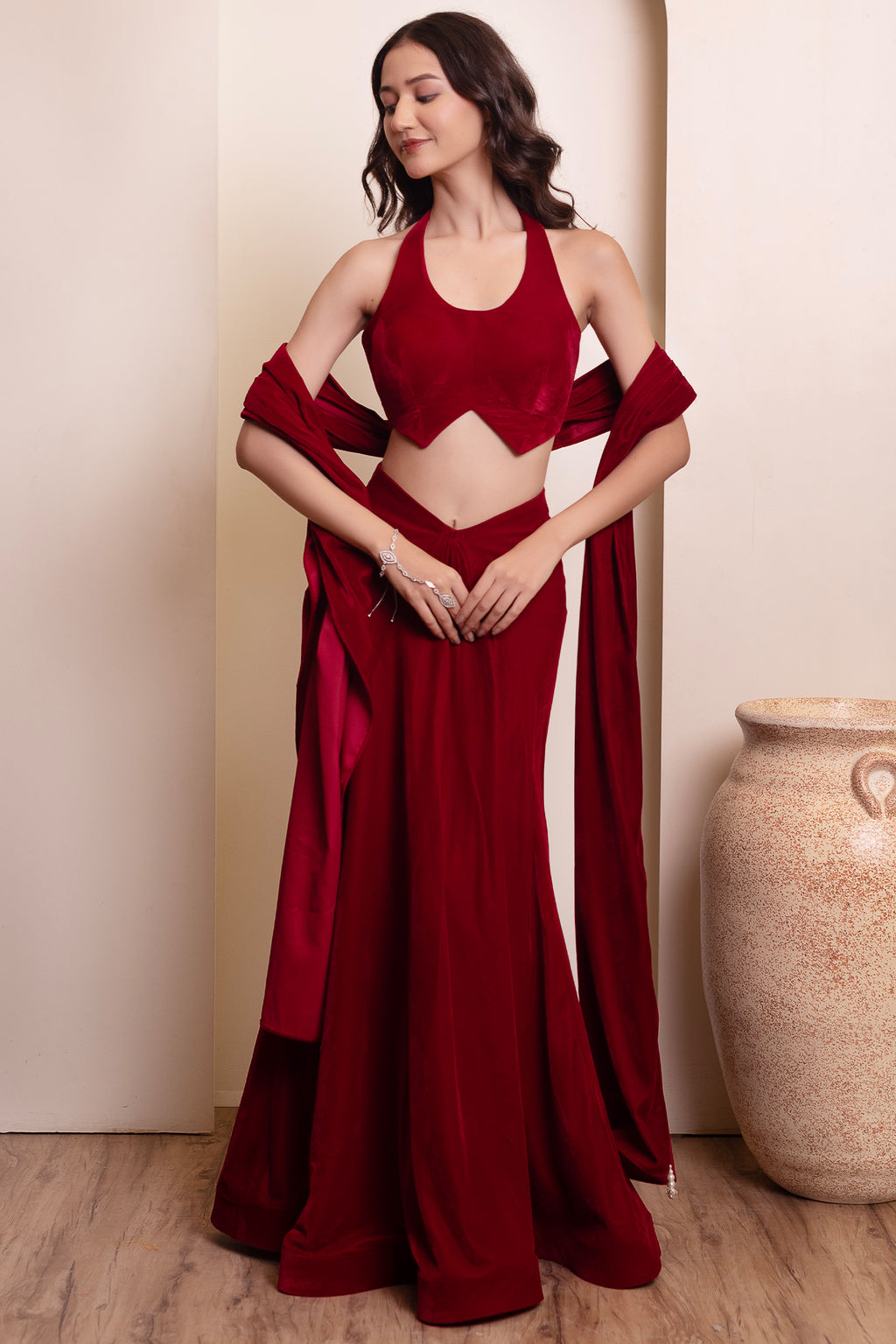 Maroon Velvet Halter Blouse & Draped Lehenga Set