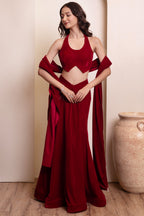 Maroon Velvet Halter Blouse & Draped Lehenga Set