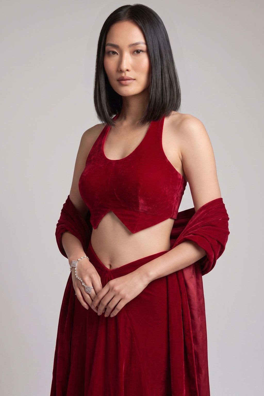 Maroon Velvet Halter Blouse & Draped Lehenga Set