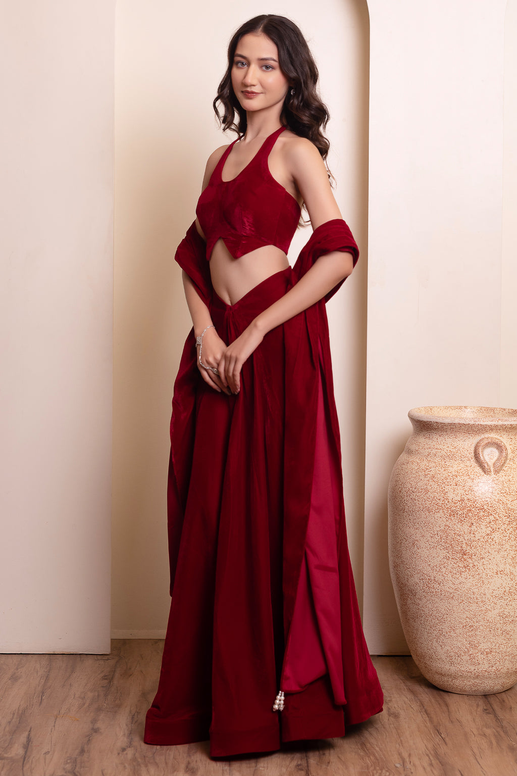 Maroon Velvet Halter Blouse & Draped Lehenga Set