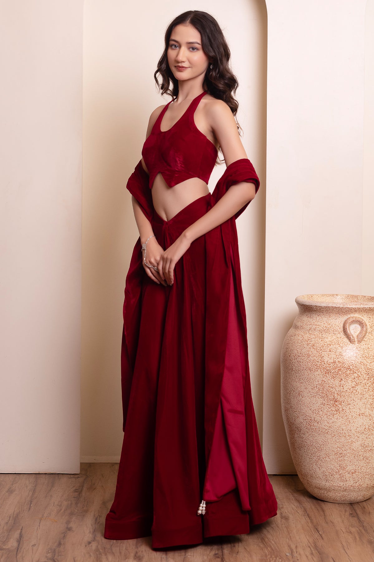Maroon Velvet Halter Blouse & Draped Lehenga Set