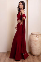 Maroon Velvet Halter Blouse & Draped Lehenga Set