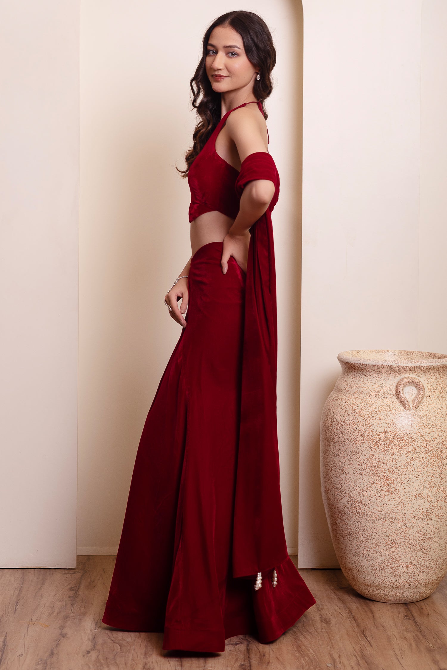 Maroon Velvet Halter Blouse & Draped Lehenga Set