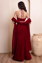 Maroon Velvet Halter Blouse & Draped Lehenga Set