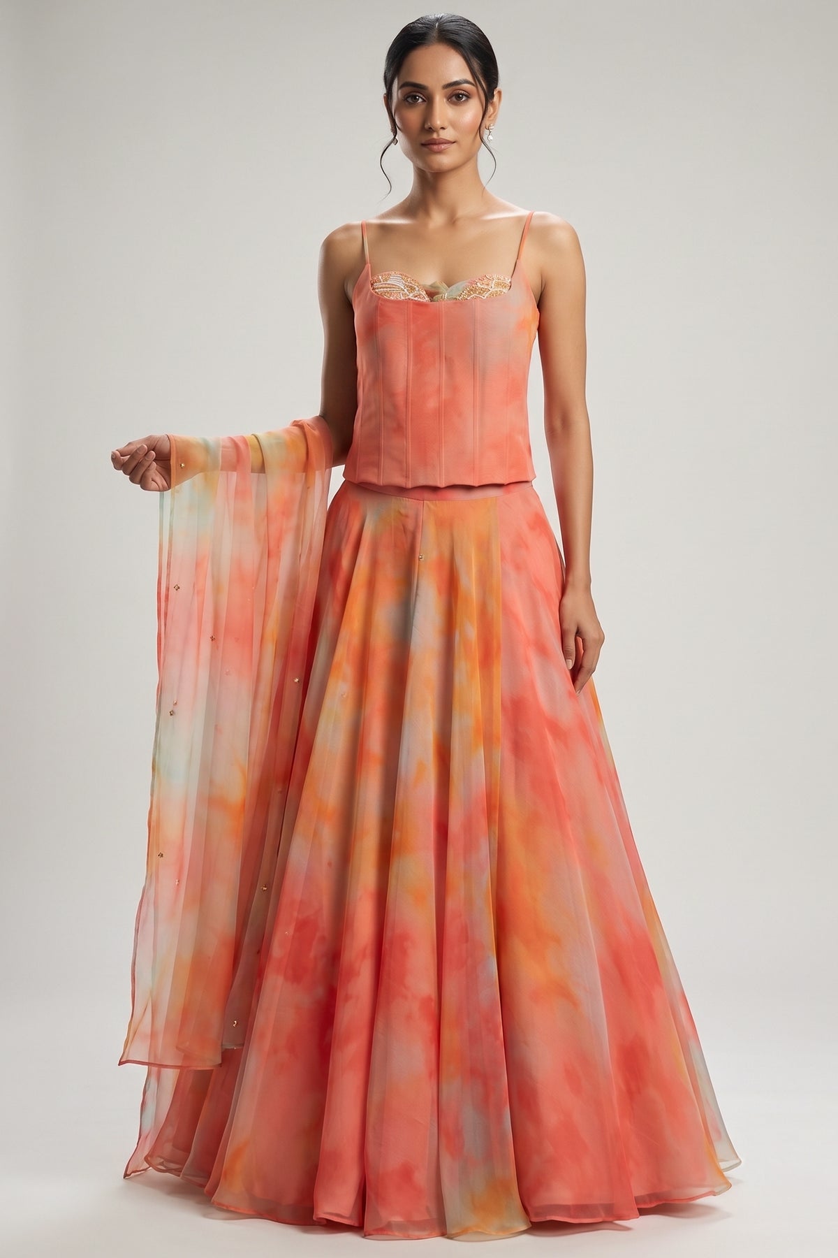 Multicolo Chiffon Flared Lehenga with Strappy Corset Top