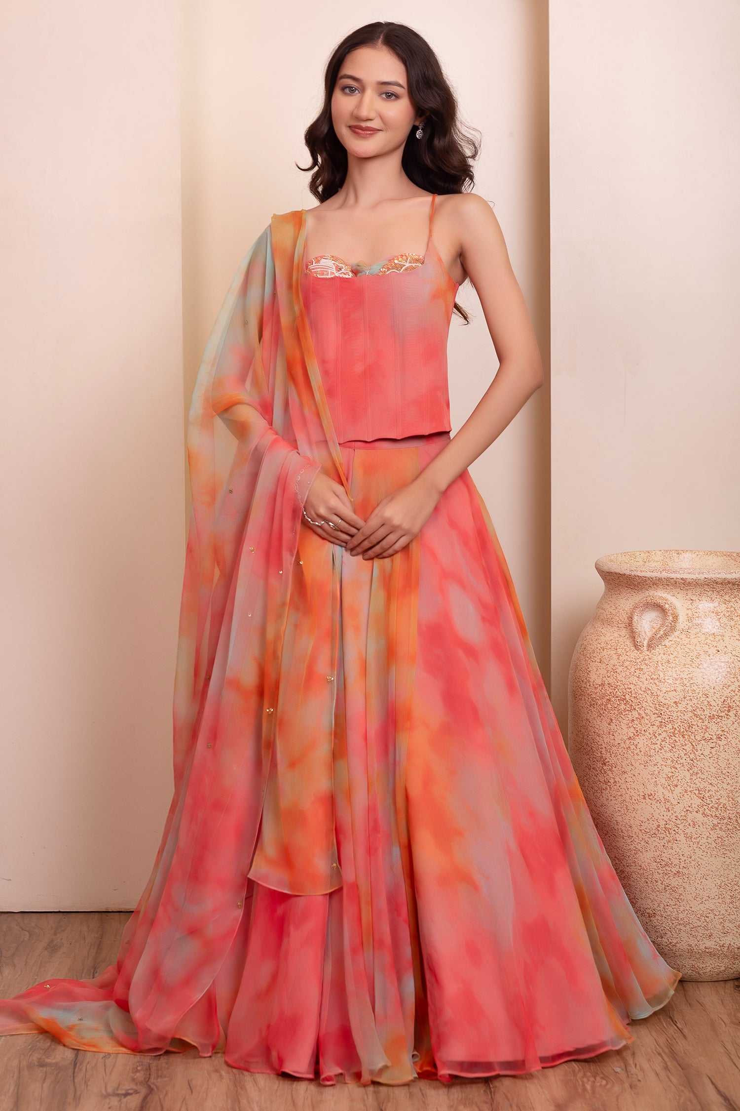 Multicolo Chiffon Flared Lehenga with Strappy Corset Top