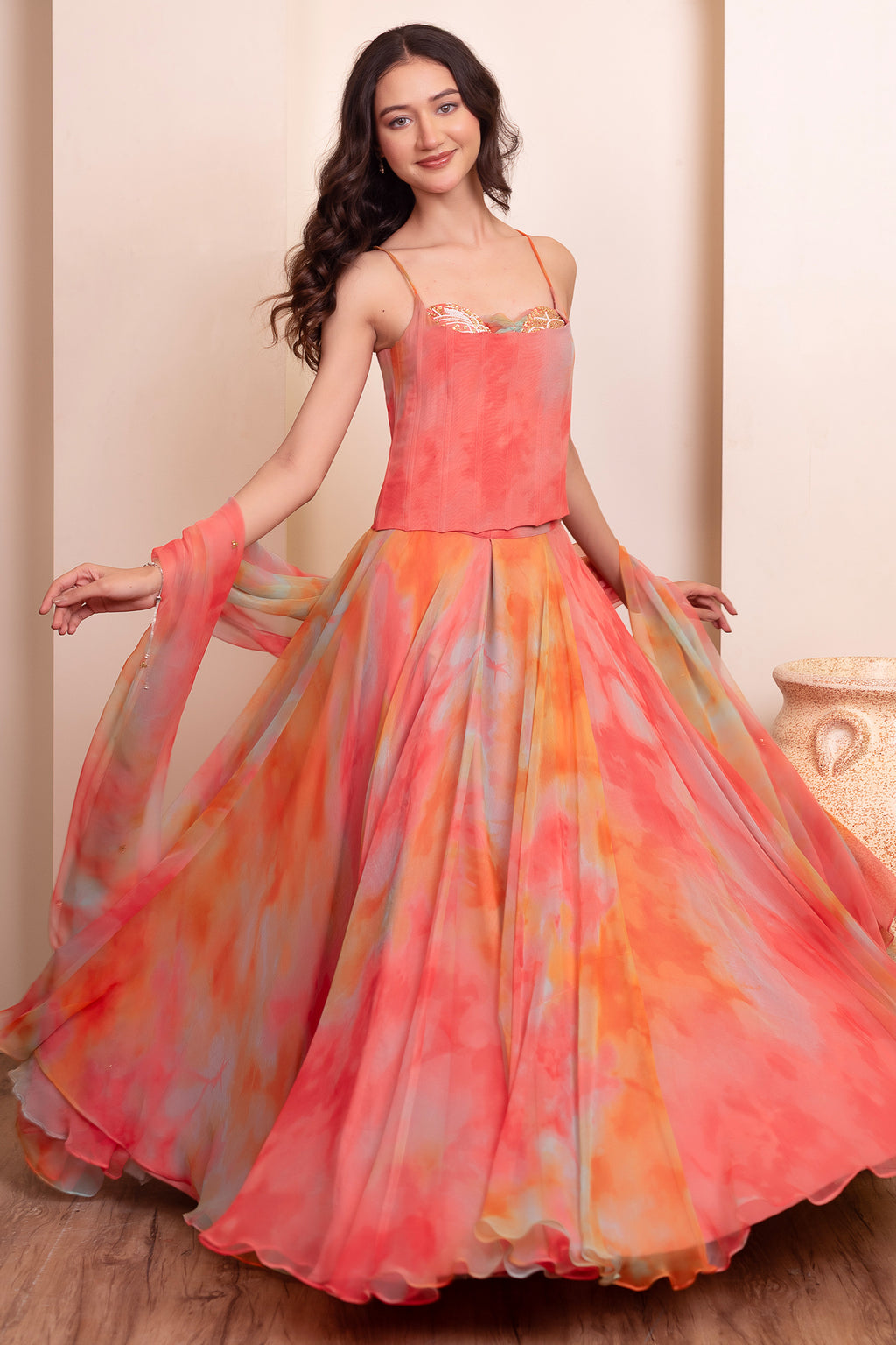 Multicolo Chiffon Flared Lehenga with Strappy Corset Top