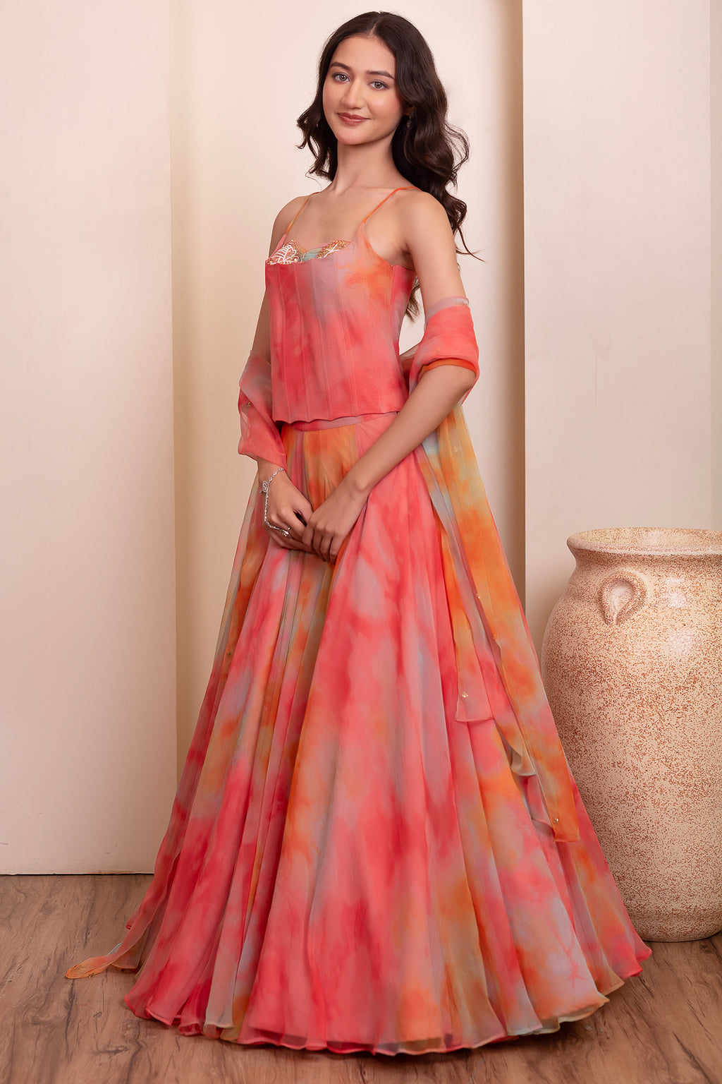 Multicolo Chiffon Flared Lehenga with Strappy Corset Top
