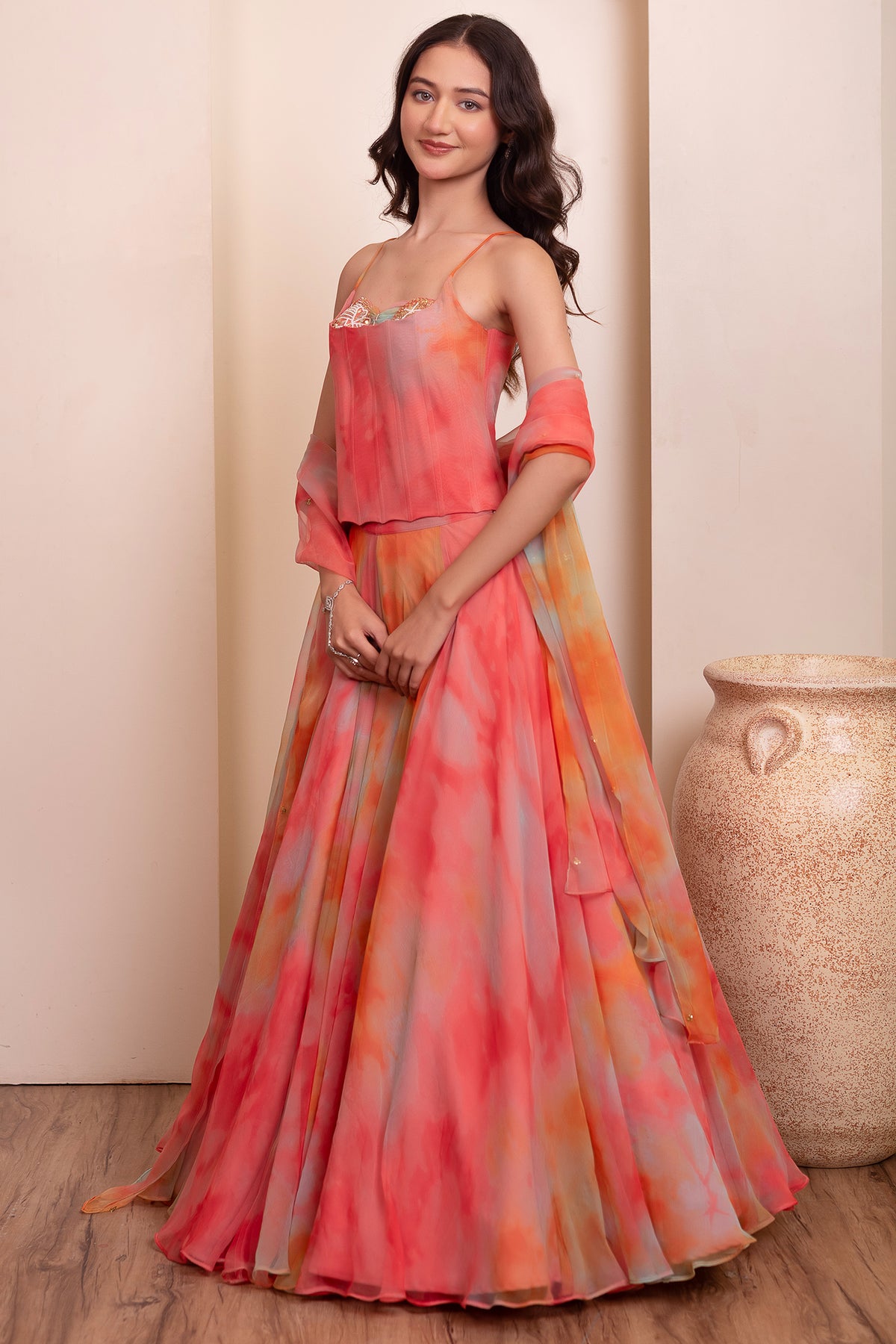 Multicolo Chiffon Flared Lehenga with Strappy Corset Top