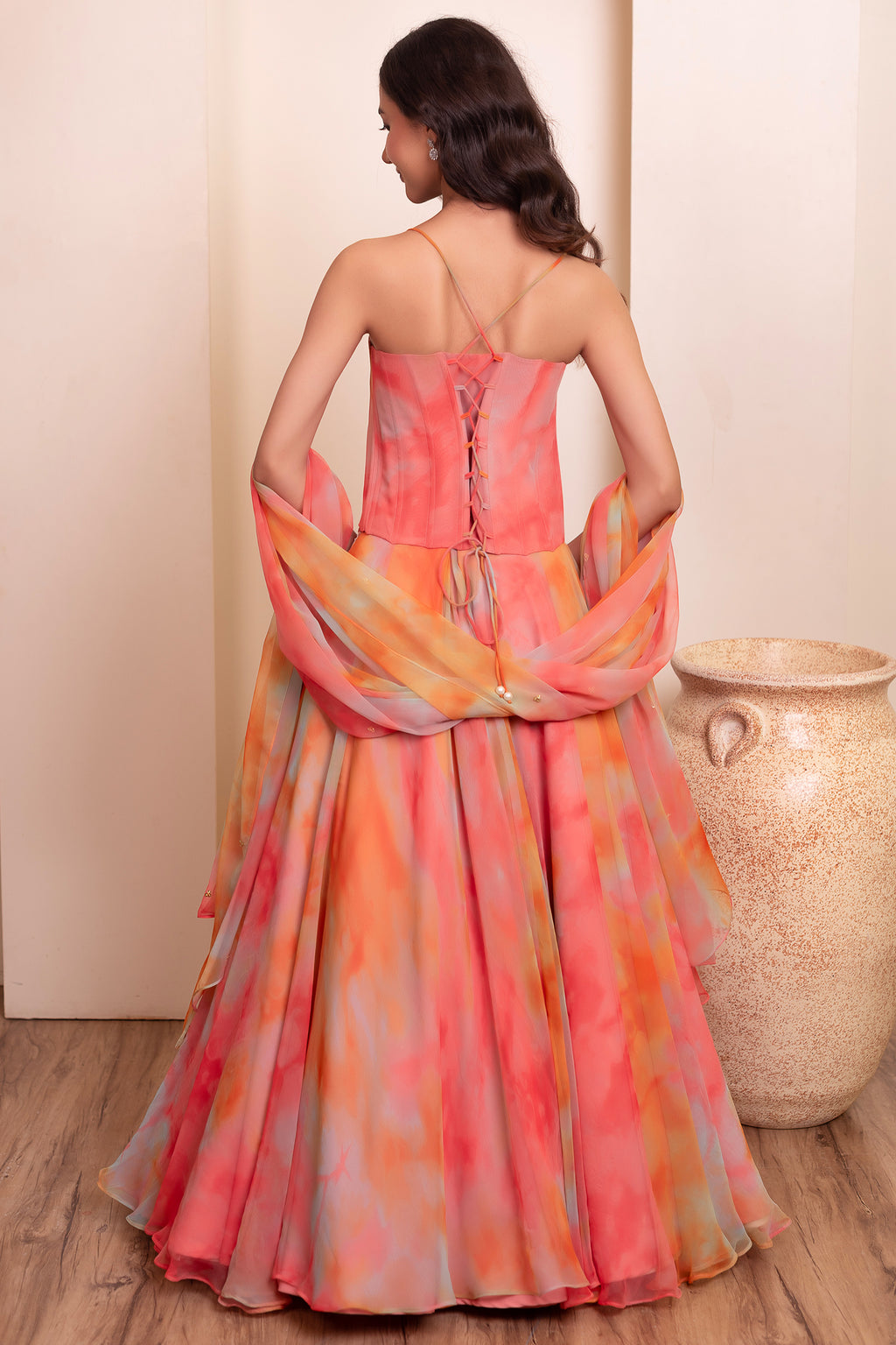 Multicolo Chiffon Flared Lehenga with Strappy Corset Top