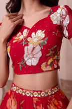 Scarlet Red Floral Print Chiffon Lehenga Choli