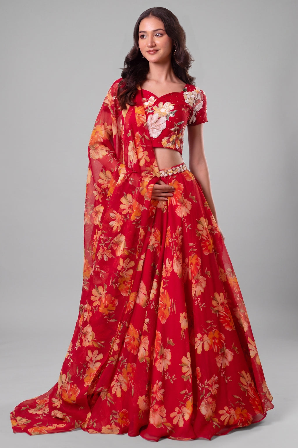 Scarlet Red Floral Print Chiffon Lehenga Choli