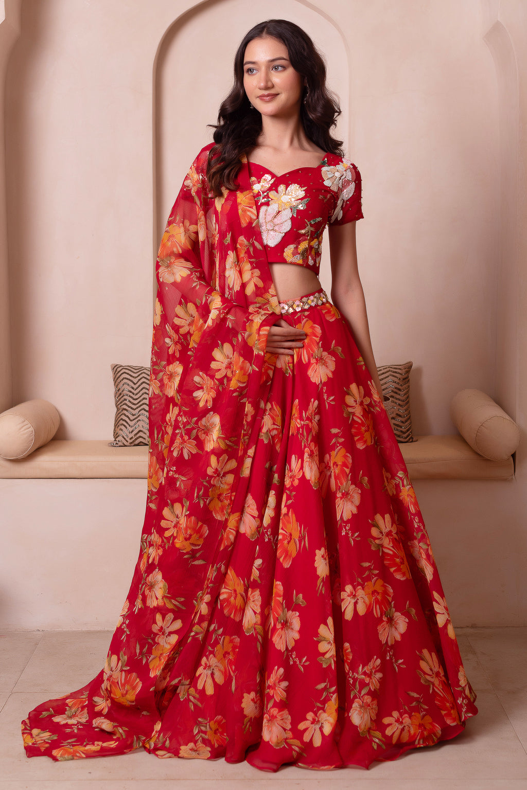 Scarlet Red Floral Print Chiffon Lehenga Choli