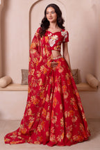 Scarlet Red Floral Print Chiffon Lehenga Choli