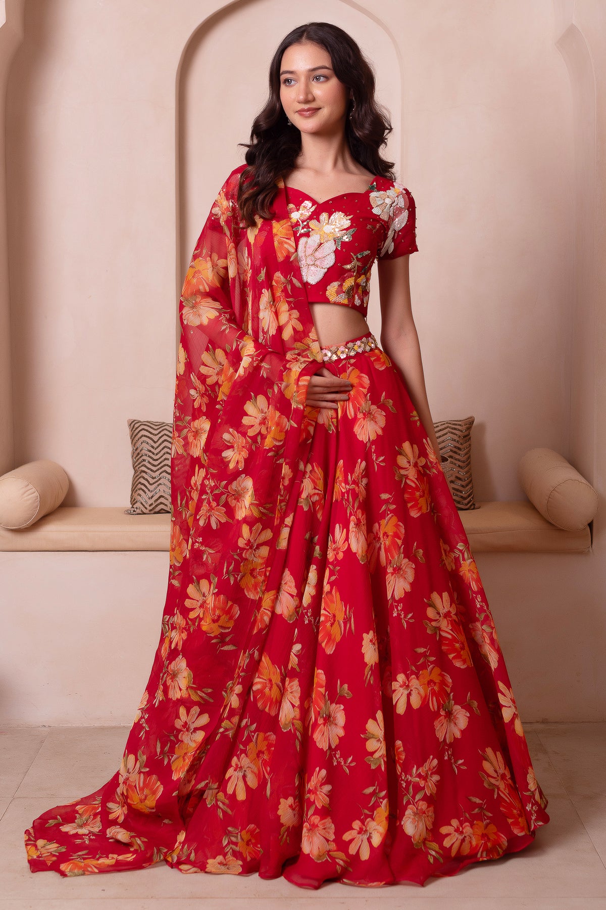 Scarlet Red Floral Print Chiffon Lehenga Choli