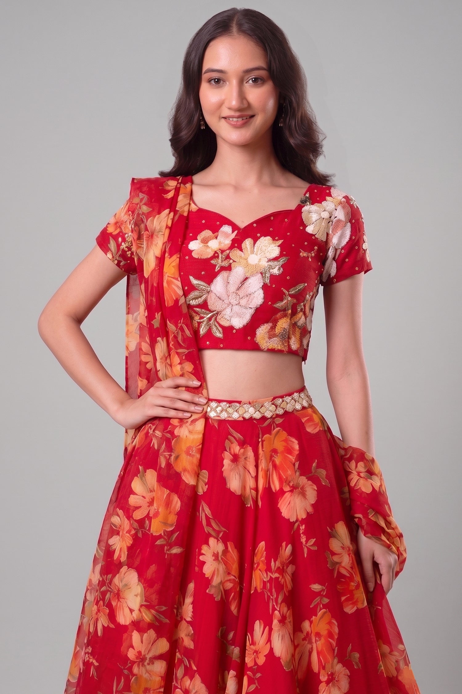 Scarlet Red Floral Print Chiffon Lehenga Choli