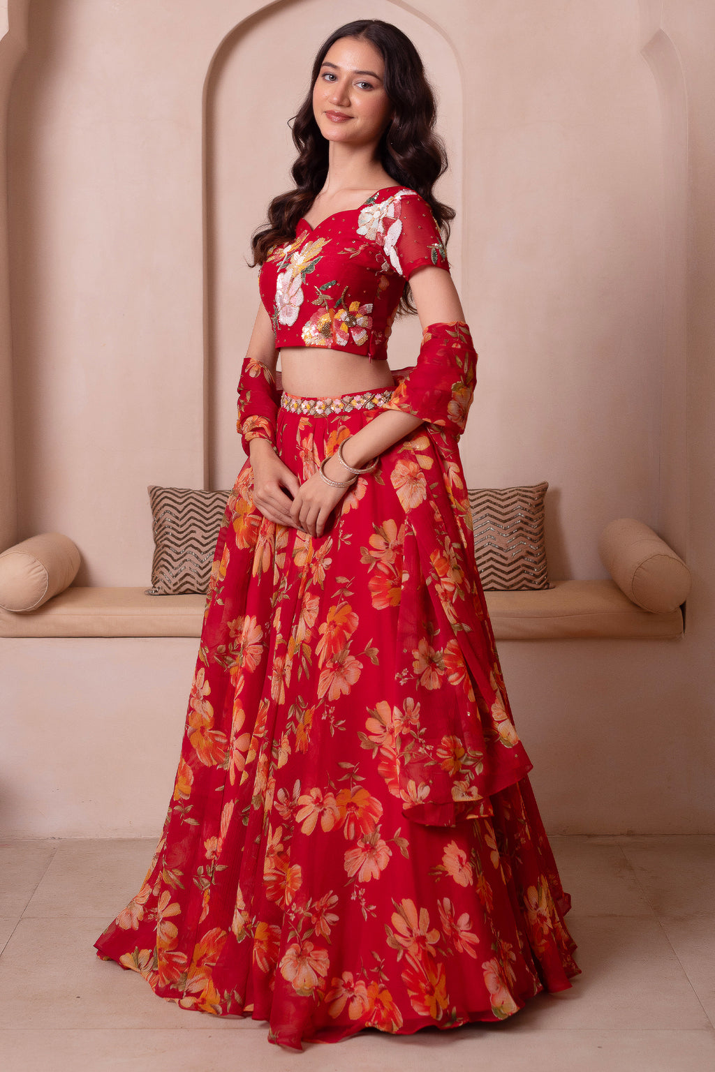 Scarlet Red Floral Print Chiffon Lehenga Choli