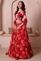 Scarlet Red Floral Print Chiffon Lehenga Choli