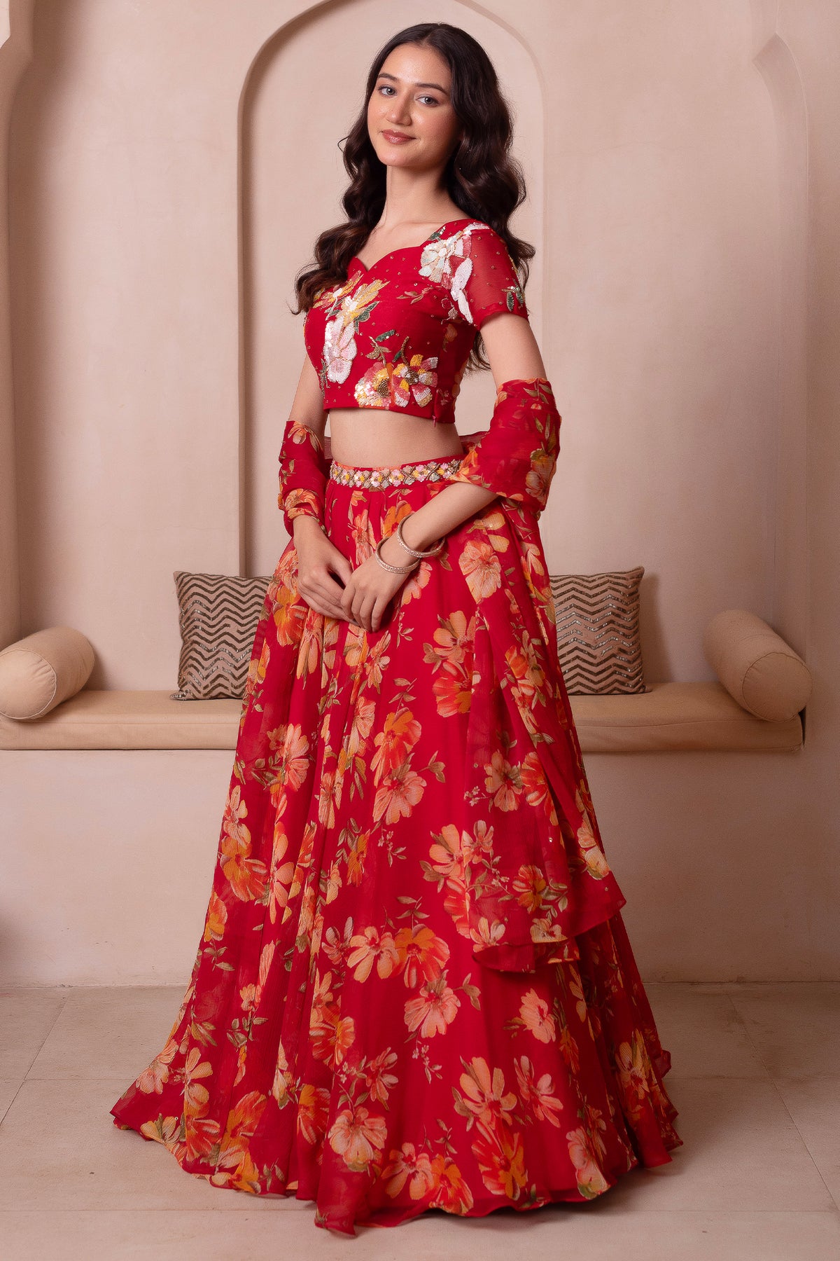 Scarlet Red Floral Print Chiffon Lehenga Choli