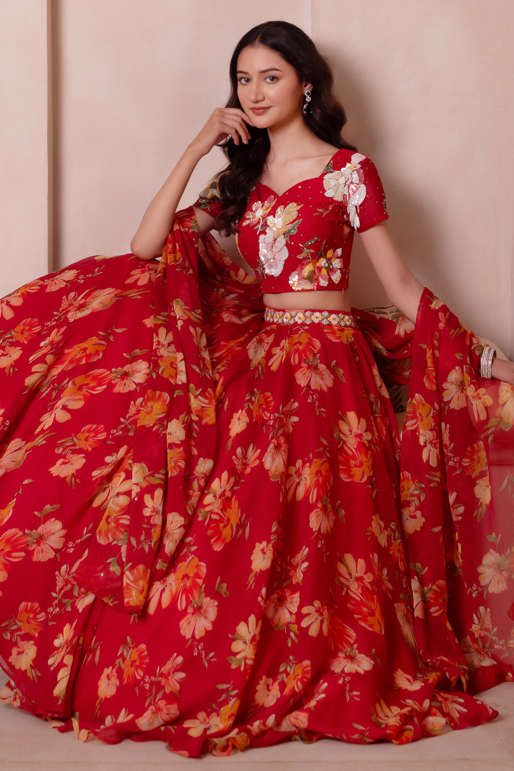 Scarlet Red Floral Print Chiffon Lehenga Choli